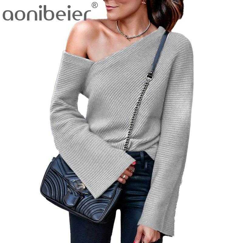 

Aonobeier Spring Autumn Long Women Sweater Regular Fit Knit Jumper One Shoulder Flare Sleeve Casual Tops Streetwear Style 210604, Black