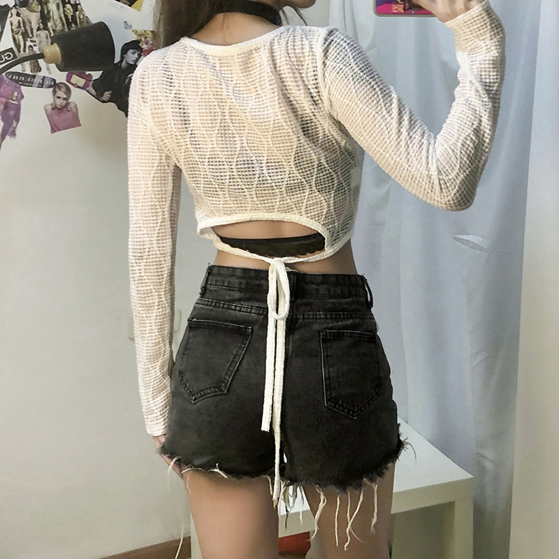 

Sexy Streetwear Slim Long Sleeve Hollow Out Mesh Tshirt Women O-Neck Backless Lace Up Crop Top Female Casual Party Top, White