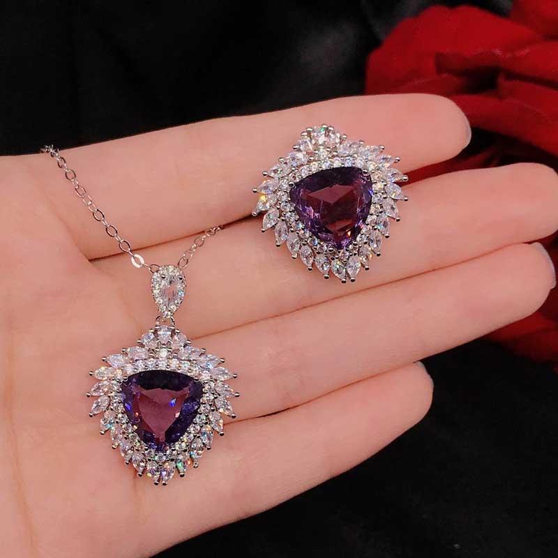 

earrings & necklace women's fashion pendant with purple triangle cubic zirconia geometric temperament ring for women wedding jewelry se, Silver