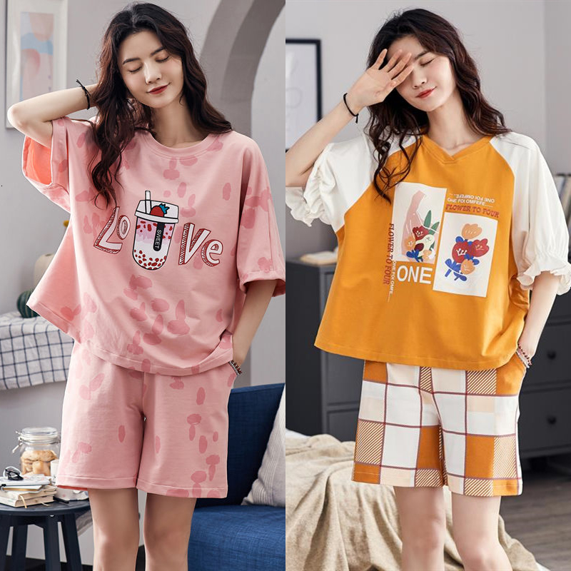 

2021 Plus Size Sweet Print Home Casual Two Piece Set Women Comfort Loose Summer New Fashion Lady Tops Tshirt Shorts Suits Clothes Fwbq, H687