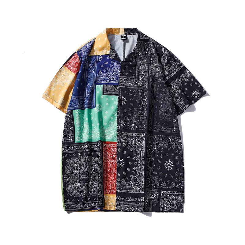 

2021 Men's Hawaiian Harajuku Beach Shirts Summer Korean Fashion Vintage Ethnic Print Plaid Color Matching Male Short Sleeve Shirt Fa6u, Zj211