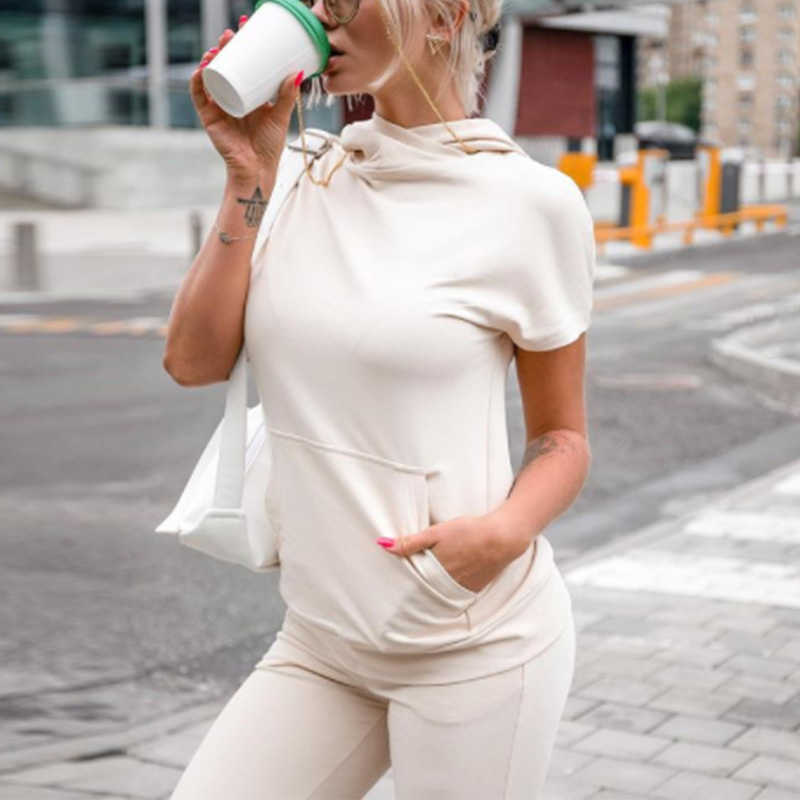 

Women Sport Two Piece Set Hooded Pocket Top And Elastic High Waist Pants Suit For Female Summer Casual Solid Tracksuit Outfits 210709, Light khaki