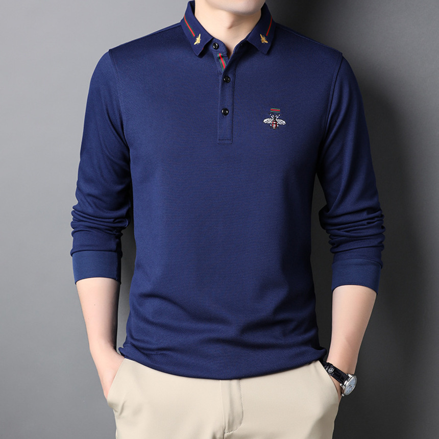 

2021 autumn new men's cotton embroidery t-shirt youth lapel pullover long sve fit simple t-shirt men, White;black