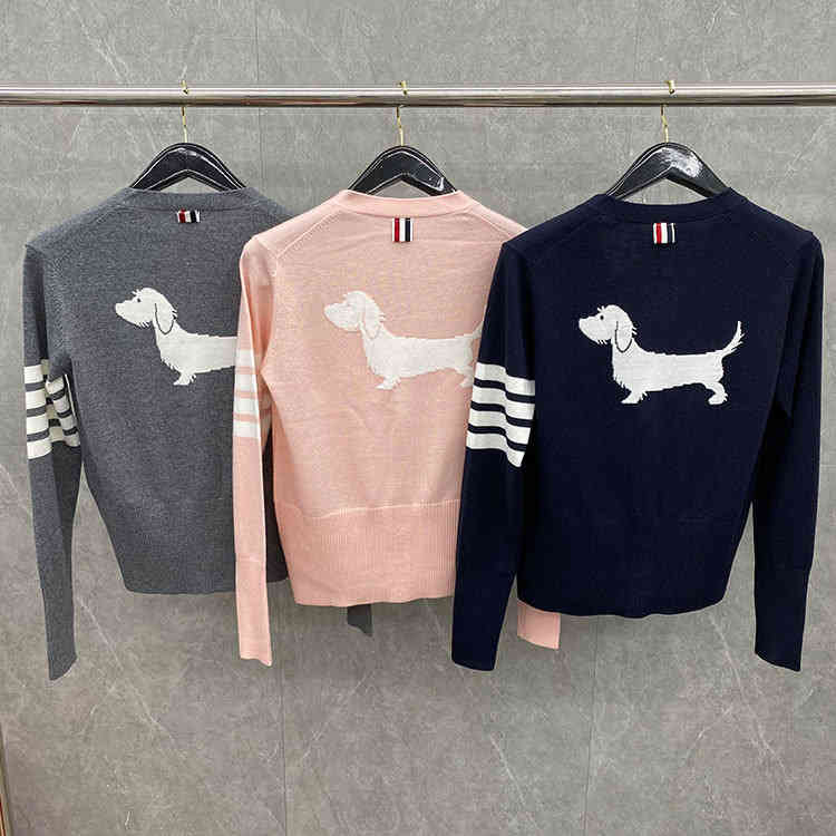 

2020 autumn new TB four bar stripe back inlaid dog pattern wool knitted V-neck Cardigan Jacket Women, Pink