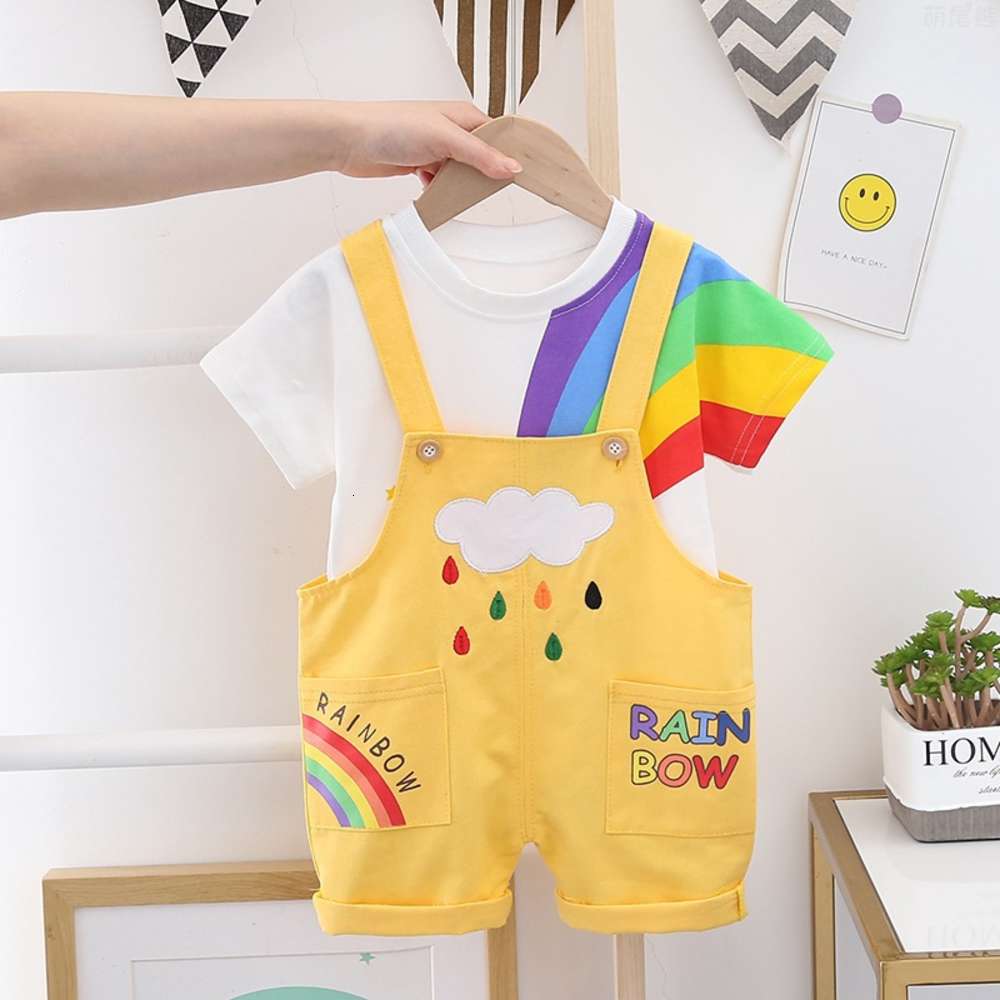 

Summer baby boys and girls rainbow printed carrying pants 2-piece casual children's suit, White