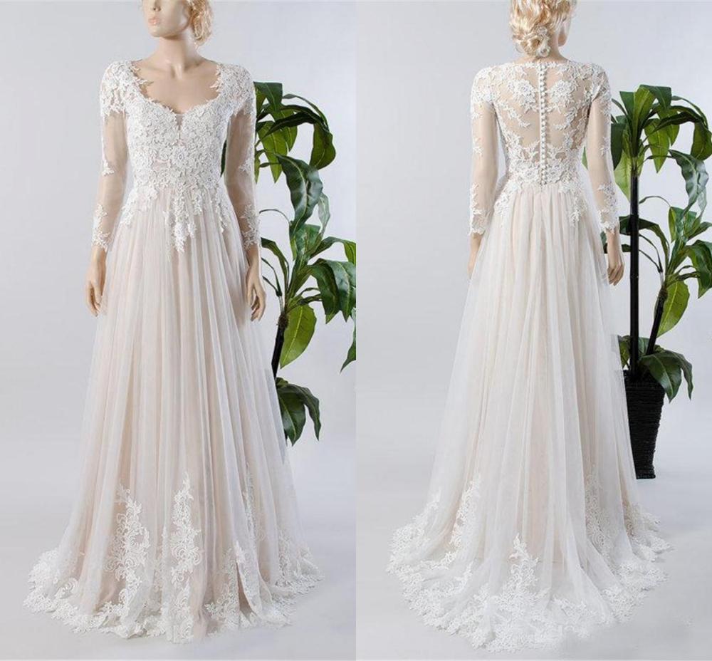 

2021 New Illusion Sheer Button Back Champagne Lining Inside Beach Bridal Gown a Line Long Sleeve Lace Tulle Wedding 89pq, White