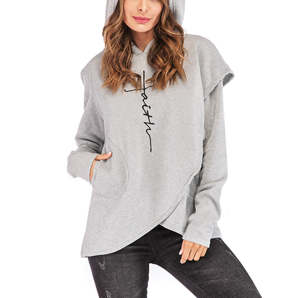 

2021 New Casual Long Sleeve for Women Autumn Pockets Letter Print Irregular Sweatshirt Oversized Hoodies Tops Ebzu, Black