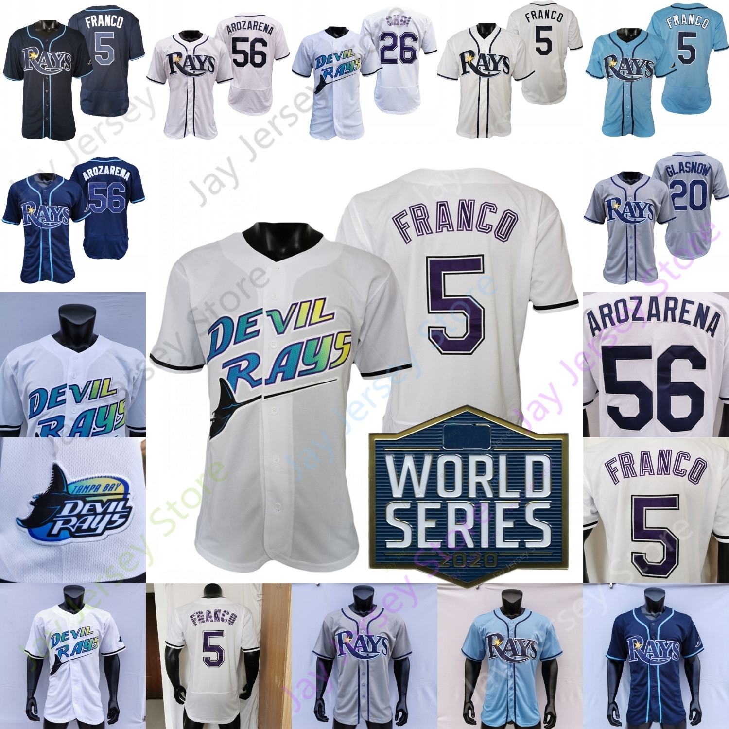 

2020 WS Nelson Cruz Jersey Wander Franco Randy Arozarena Tyler Glasnow Austin Meadows Chris Archer Manuel Margot Mike Zunino Willy Adames Kiermaier Brosseau Diaz, New player's versions light blue i