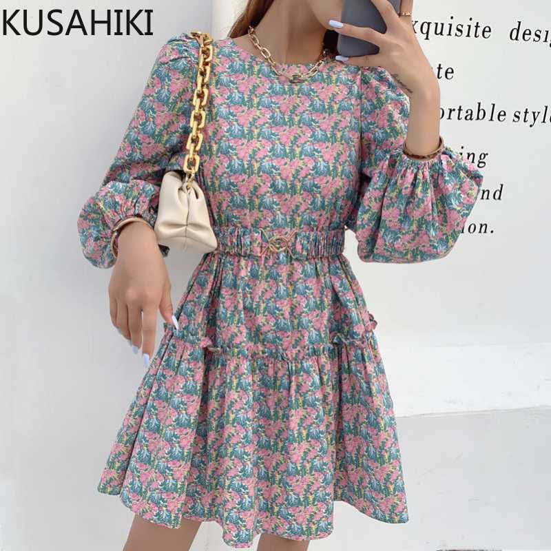 

KUSAHIKI Slim Waist Floral Dress Fashion Elegant Lantern Sleeve O-neck Vestidos Korean A-line Mini Women Dress 6H457 210602, Pink