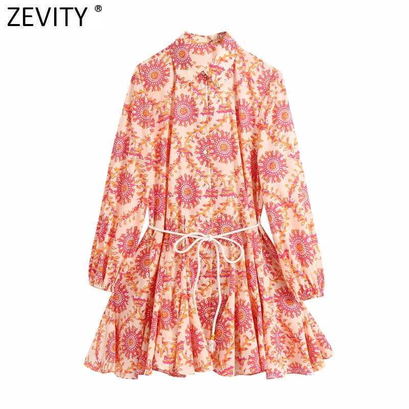 

Zevity Women Vintage Totem Floral Print Hem Pleat Ruffles Mini Shirt Dress Female Chic Lace Up Sashes Casual Vestidos DS8396 210603, Ld ds8133