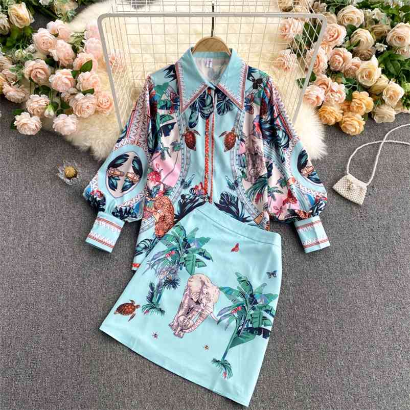 

Spring Lapel Bubble Sleeve Shirt High Waist Slim Skirt With Elastic Vintage Print Two Piece Set MZ132 210525, Blue