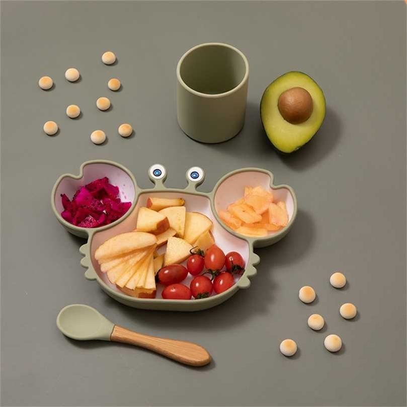Sub-grid Silicone Sucker Tableware For Baby Cartoon Crab Anti-fall Dinner Plate Infant Kids Supplementary Food Bowl Soft Dishes 211026-image-735201079