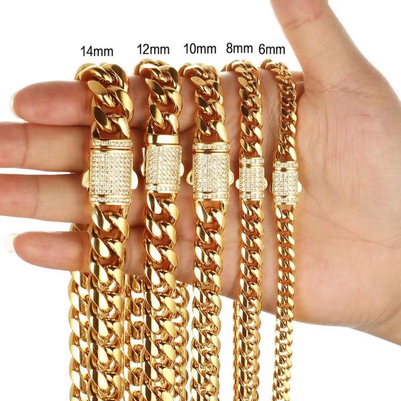 

Chains Necklace Bracelet Set 6/8/10/12/14MM STAINLESS STEEL Gold Color Miami Cuban Curb Chain Hip Hop Fashion Jewelry Gift For Men