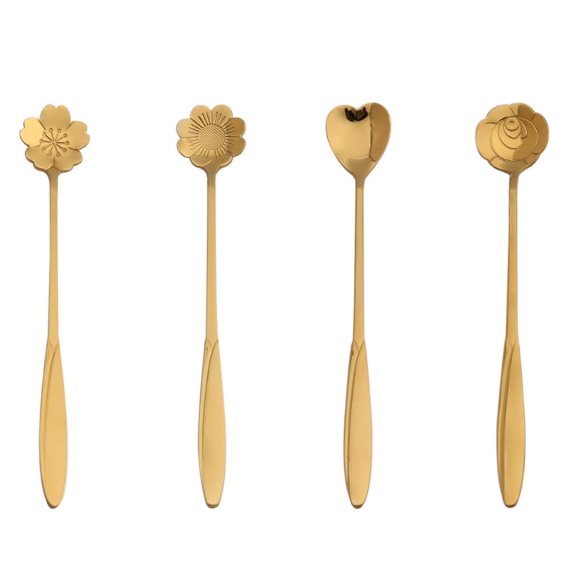 

Tea Coffee Scoops Gold Spoon Long Handle Dessert Stainless Steel Vintage Teaspoons Drink Tableware Flowers Design