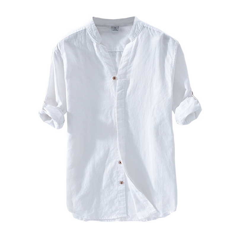 

Cotton Linen Casual Shirts For Men Basic Classic White Shirt Autumn Male Long Sleeve Stand Collar Breathable Men' Clothing 210708, 606 white