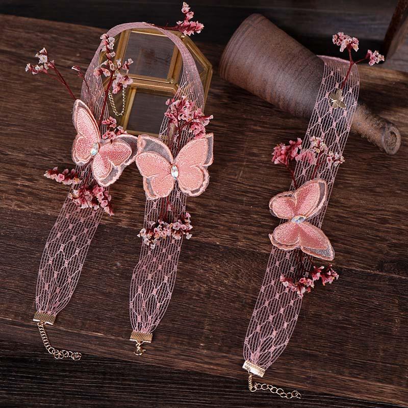 

Wedding Jewelry Sets Fairy Exquisite Pink Butterfly Mesh Gauze Hairband Bracelet Set Charming Floral Necklace Bride Hair Acces, Slivery;golden