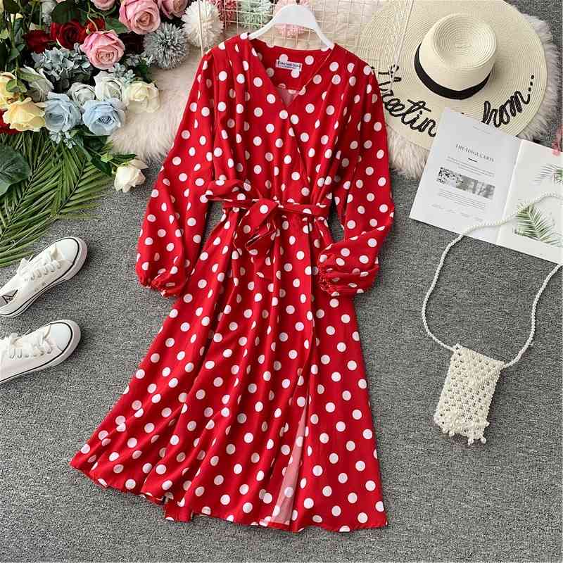 

Autumn Boho Beach Dres Long Sleeve Slim V Neck Sexy With Belt Bandage Dresses Ladies Fashion Vintage Dot Robe 210602