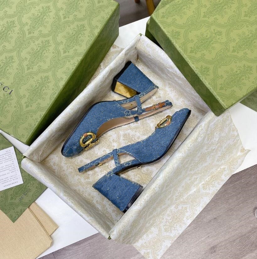 

Retro Metal Buckle Dress Shoes Luxury Designer Letter Print Women's Thick Heel Sandals Famous Brand Cowgirl Round Toe High Heels, Blue