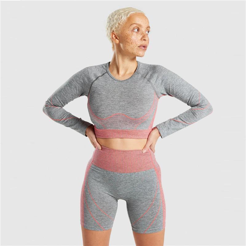 

Yoga Outfit Seamless Set Women Female Two 2pcs Piece Crop Top Long Sleeve Shorts Sportwear Workout Fitness Gym Suit Clothing, Yellow set