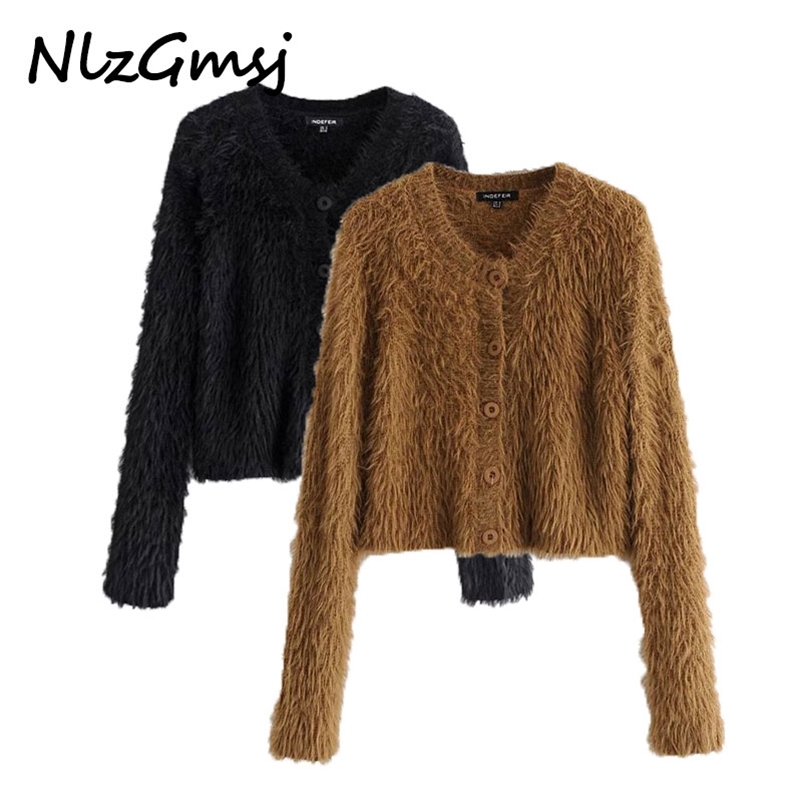 

Sweater Women Black Long hair Cropped Knit Jumper Shirt Cardigan Sleeve Fashion Ladies Pull Femme 210628, As picture