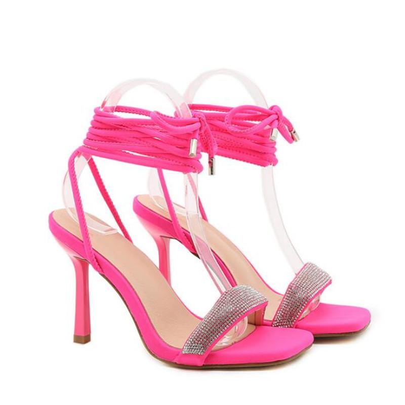 

Sandals 2021 Silver Chain Crystal Sexy Women High Heels Gladiator Wedding Party Woman Zapatos Mujer, Black