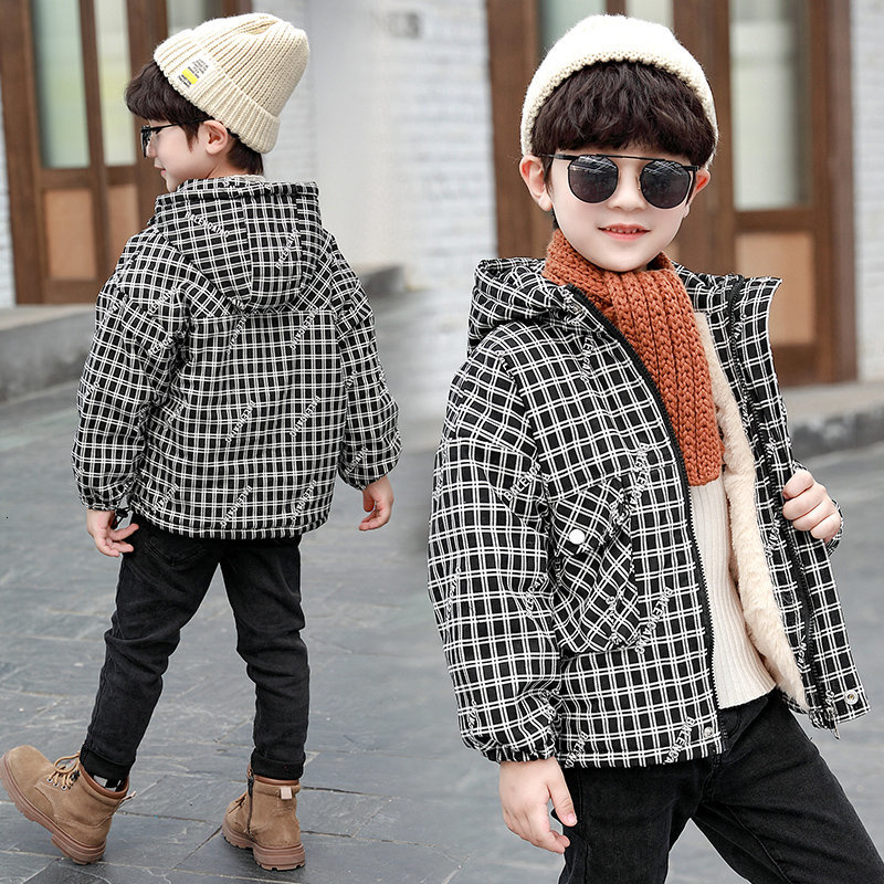 

2021 Thick Winter Boy Hood Wool Coat New Pocket Arrival Chess Children Jacket with Hoodie Outerwear Warm 4 to 13 Years Old 2a0v, Blue;gray