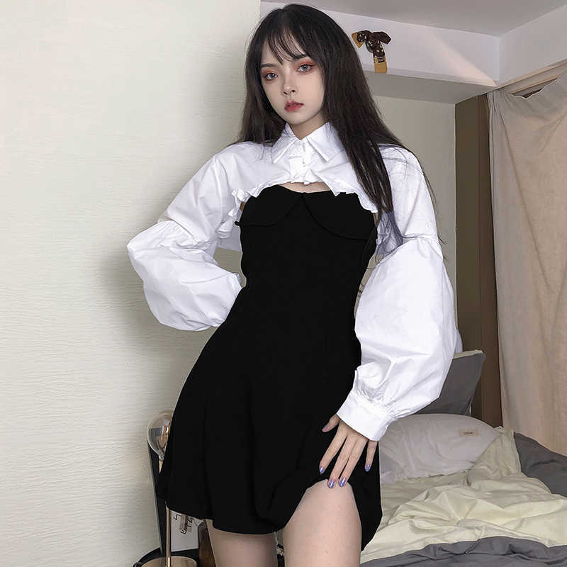 

Korea Ulzzang set kawaii women's suit gothic loose ins dark big size casual punk Vintage sling dress sweet women two-piece 210608