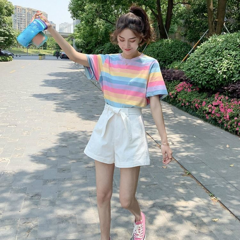 

2021 New Ulzzang Harajuku Kawaii Striped Crop Tops Schoolgirl Will See Loose Tank Top Korean Sweet Fruit Loosens Shirt Print D4fs, R 16