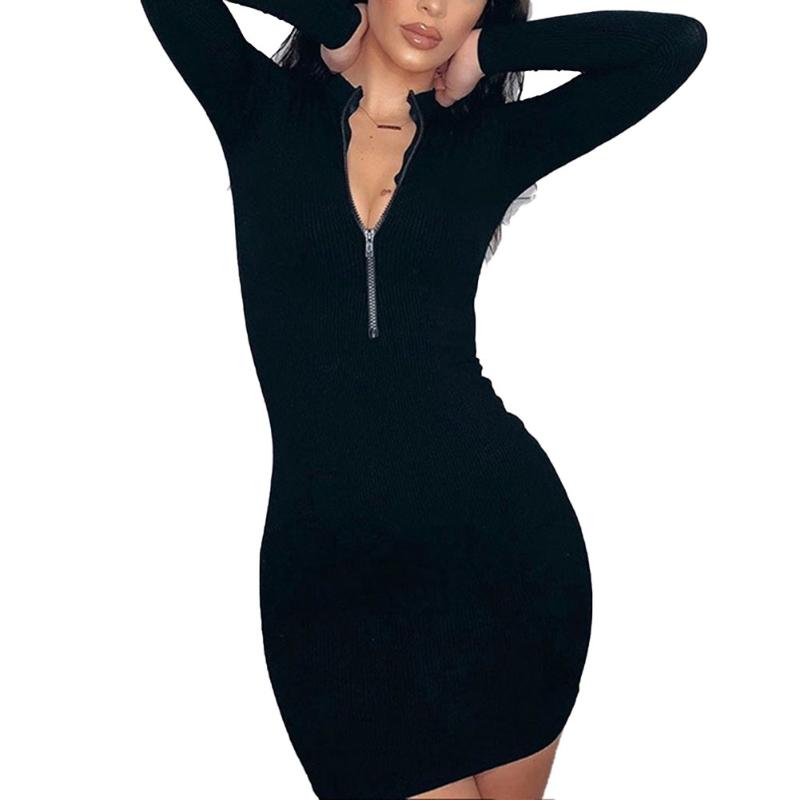 

New Fashion Women Ladies Autumn Casual Long Sleeve Skinny Dress Female Patchwork Zippered Bag Hip Mini Dress Black Gray Rose Red