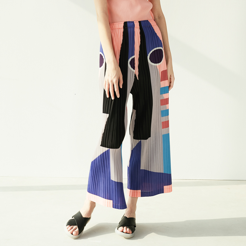 

2021 New Spring Summer Casual Women's Trousers Loose Plus Size Pleats Painting Printing Wide Straight Leg Cropped Pants Vkax, Photo color 1