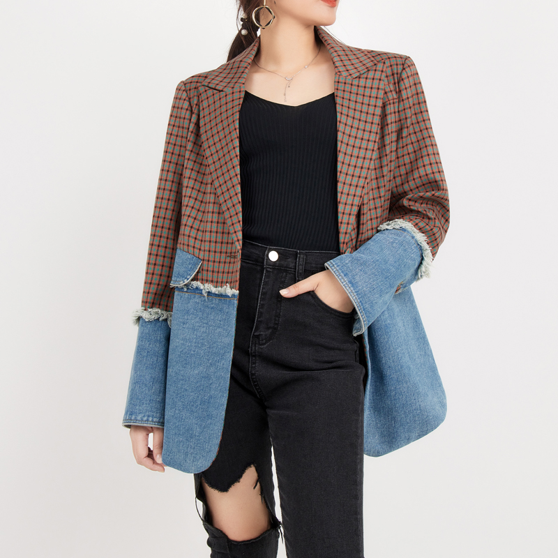 

Denim stitching jacket autumn 2021 new trendy loose Korean style fashion tops womens trendy design sense, Black;brown