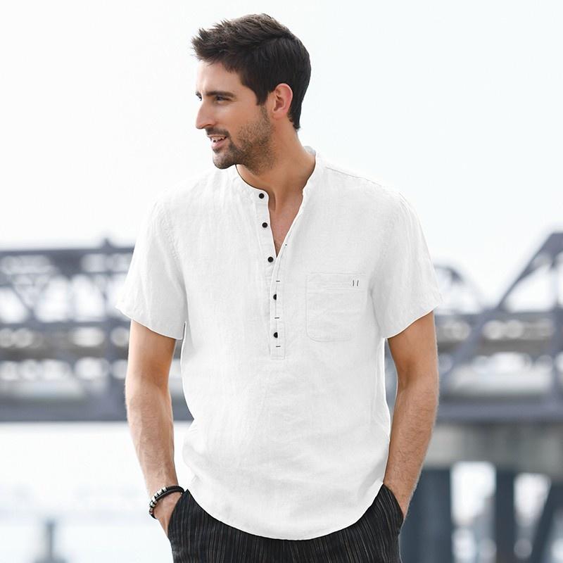 

Men' Casual Shirts Summer Fashion Mens Tops Loose Fit Short Sleeve Stand Collar Pullover Linen Vintage Simple Solid Color Men Shirt, Blue