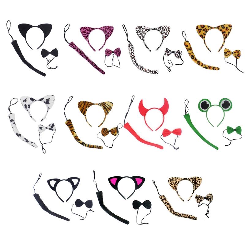 

Toddler Kids 3 Pieces Animal Cosplay Costume Set Cat Ears Plush Headband with Long Tail Bow Tie Hallowee Party Decoration, Style 4