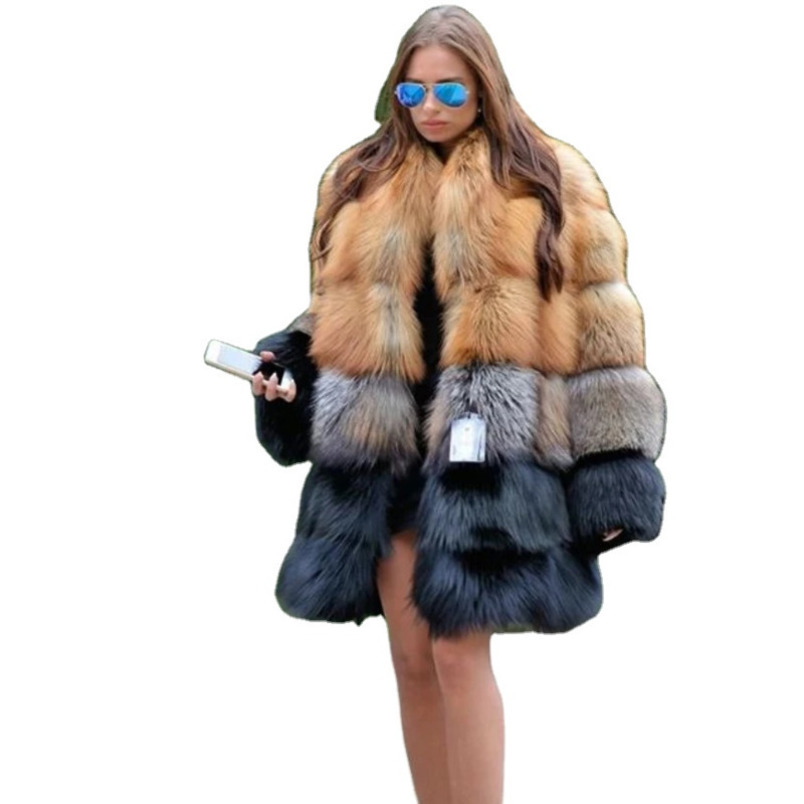 

Yellow And Black Contrast Stitched Fur Coat Women's Medium Long 211207, Picture color-s