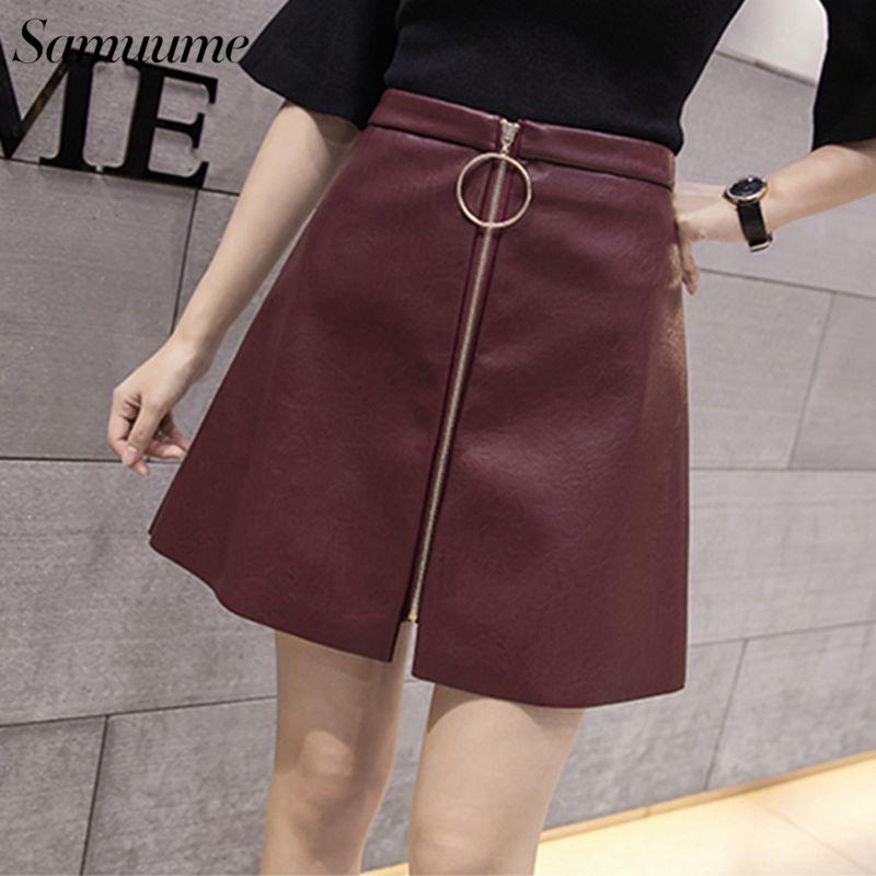 

Skirts Samuume Fashion 2021 Spring Solid PU Skirt Zipper A-Line High Waist Mini Women Faux Leather Casual 6177, Black