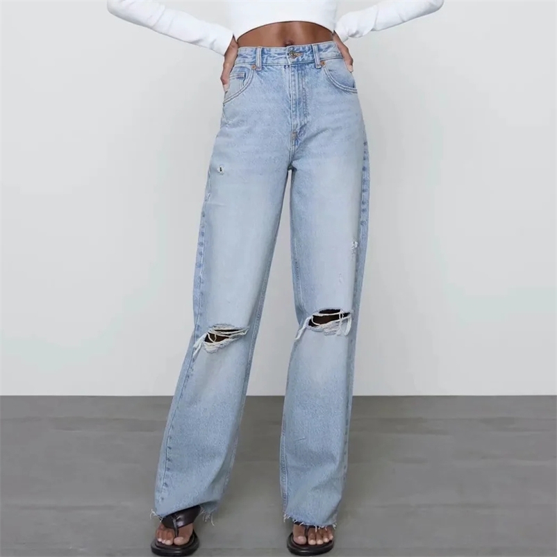 

ZA women Light Blue straight Ripped Jeans Washed full length High waist Wide-legged Mom denim pants pocket Hole Trousers 210629, Picture color