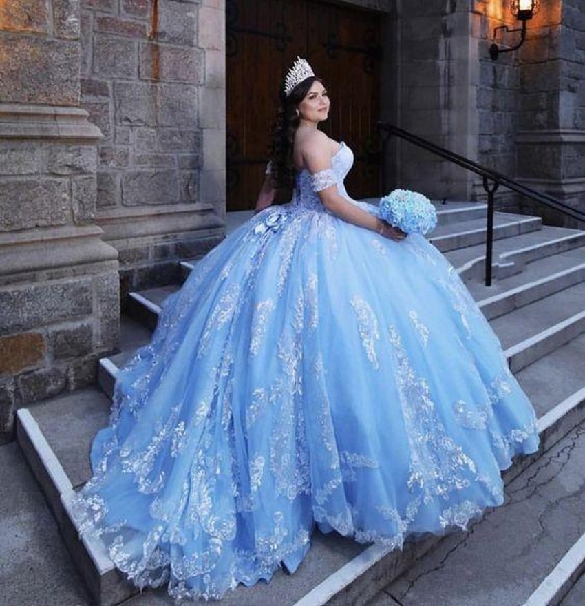 

Light Sky Blue Plus Size Ball Gown Quinceanera Dresses Off Shoulder Sweetheart Lace Applique Sweep Train Vestidos De 15 Anos Sweet 16 Prom Birthday Gowns, Same as picture