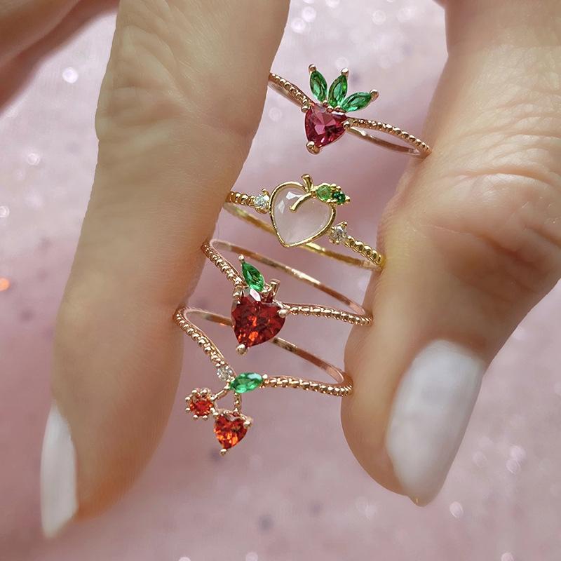 

Cluster Rings Ins Cute Fruit Ring Lovely Cherry Blossom For Women Inlaid Zircon Finger Accessories Gifts Girls Jewelry KBR055, Golden;silver
