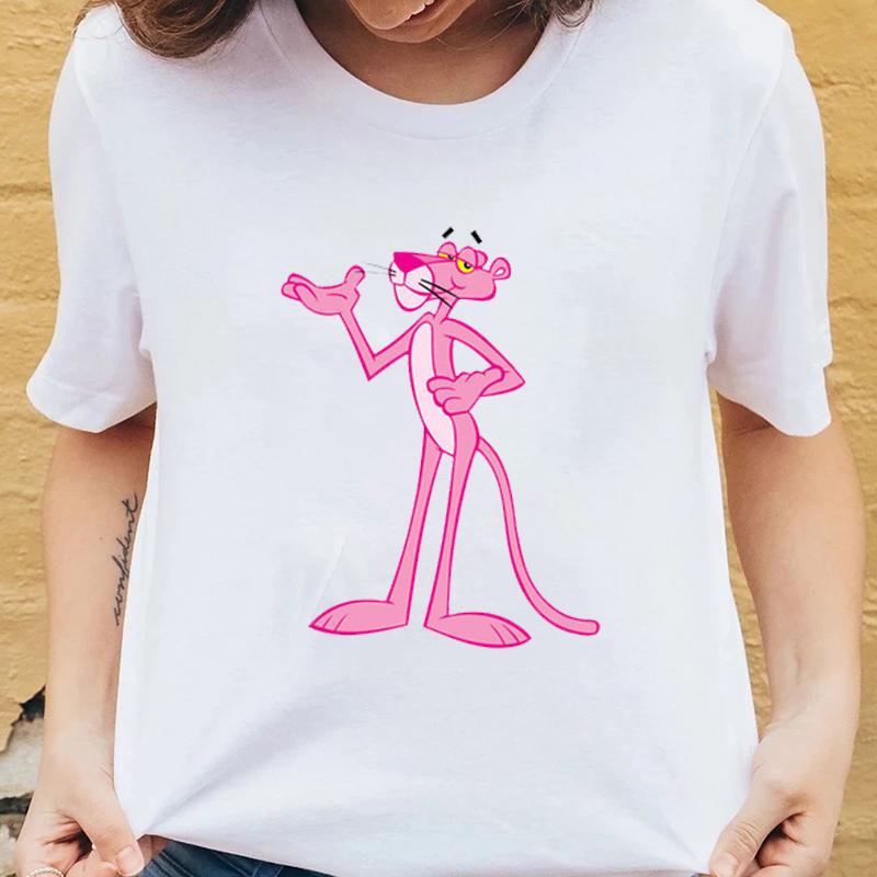 

Women's T-Shirt Summer Funny Animal Panther Graphic Printed Tops Arrival Pink Streetwear T Shirt Black White Fashion Cotton Tee, C1450-white