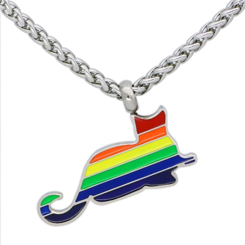 Pendant Necklaces European And American Style Titanium Steel Same-sex Cat Rainbow Necklace-image-706609349