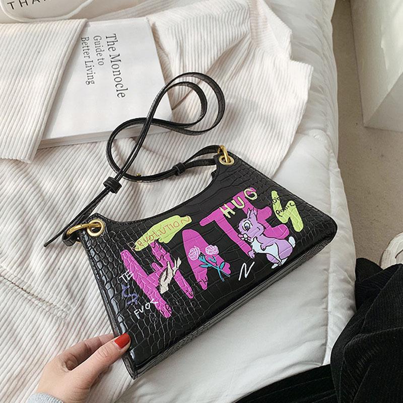 

Shoulder Bags Graffiti PU Leather Small Underarm For Women 2021 Luxury Handbags Female Travel Totes Lady Crossbody, Green shoulder bags