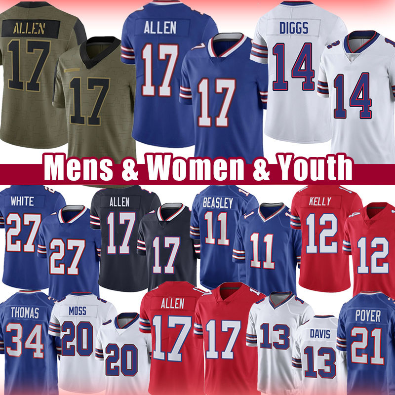 

Josh Allen Cole Beasley Football Jersey Stefon Diggs Tre'Davious White Matt Milano Poyer Gregory Rousseau Jim Kelly Micah Hyde Zack Moss Dawson Knox Thurman Thomas, Youth size s-xl (bier)