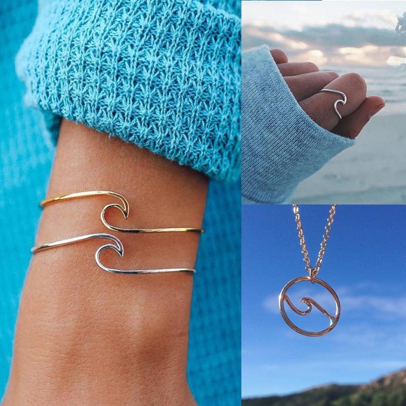 

Cuff Simple And Exquisite Thin Wave Circle Beach Sea Surf Island Jewelry Three-piece Necklace Bracelet Ring Set