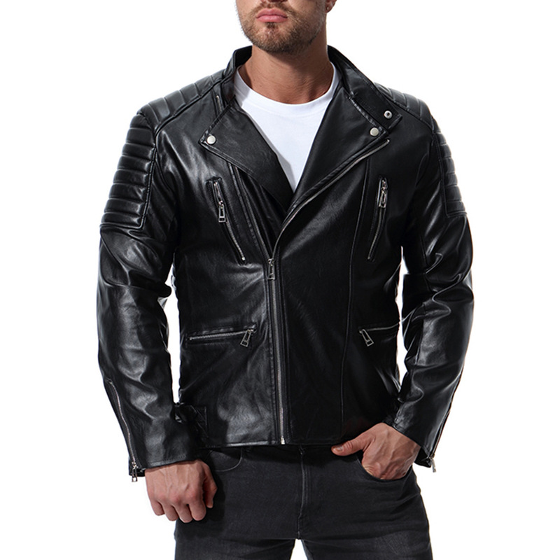 

European and autumn and winter fashion men's leather jackets, high-quality stand-up collar, comfortable, windproof and fashion, Black
