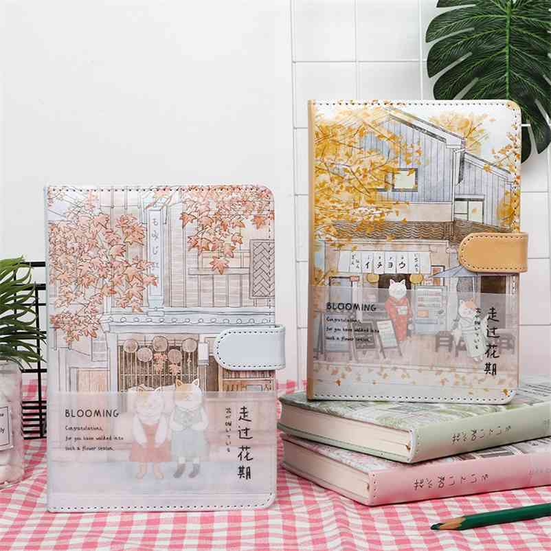 

A5 Cute Creative Japanese Cat Notebook Leather Cover Planner Agenda Color Page Binder Diary Gift School Supplies 210611