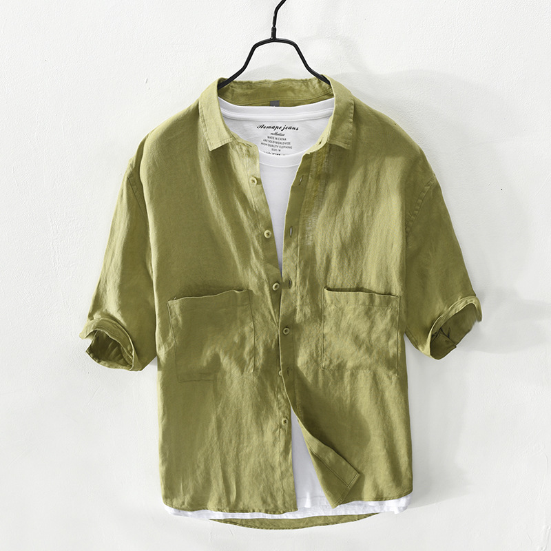 

2021 Autumn New Men's Shirt 3/4 Solid Green Sleeve Turn-down Collar Classic All-male Casual Match 100% Retro Linen Tops Clothes Jzy4, Games
