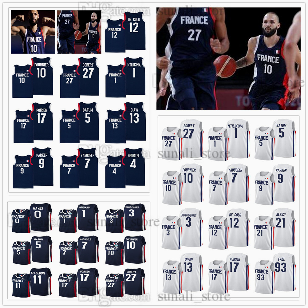 

2021 Basketball Jerseys France Olympics Rudy Gobert 27 Evan Fournier 10 Nicolas Batum 5 Frank Ntilikina 13 Boris Diaw 17 Poirier 7 Yabusele 9 Parker 12 De Colo 4 Heurtel, Men blue