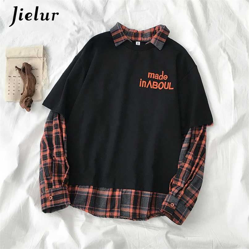 

Jielur Plaid Patchwork Sweatshirt Women Fake Two Pieces Gray Black White Hoodies Street Fashion Loose Polo Female Sweatshirts 211109
