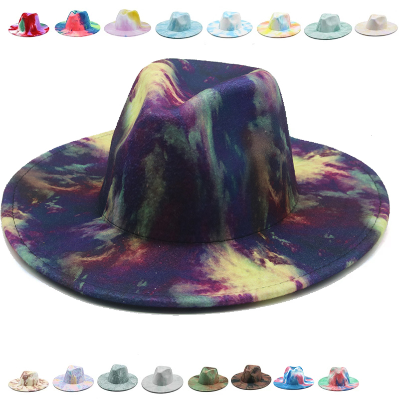 

2021 New Fedora Wide Brim Tie Dye Autumn Winter Women Hats Vintage Fascinator Multicolor Blue Green White Felted Hat Men Tyff, 6-white inside