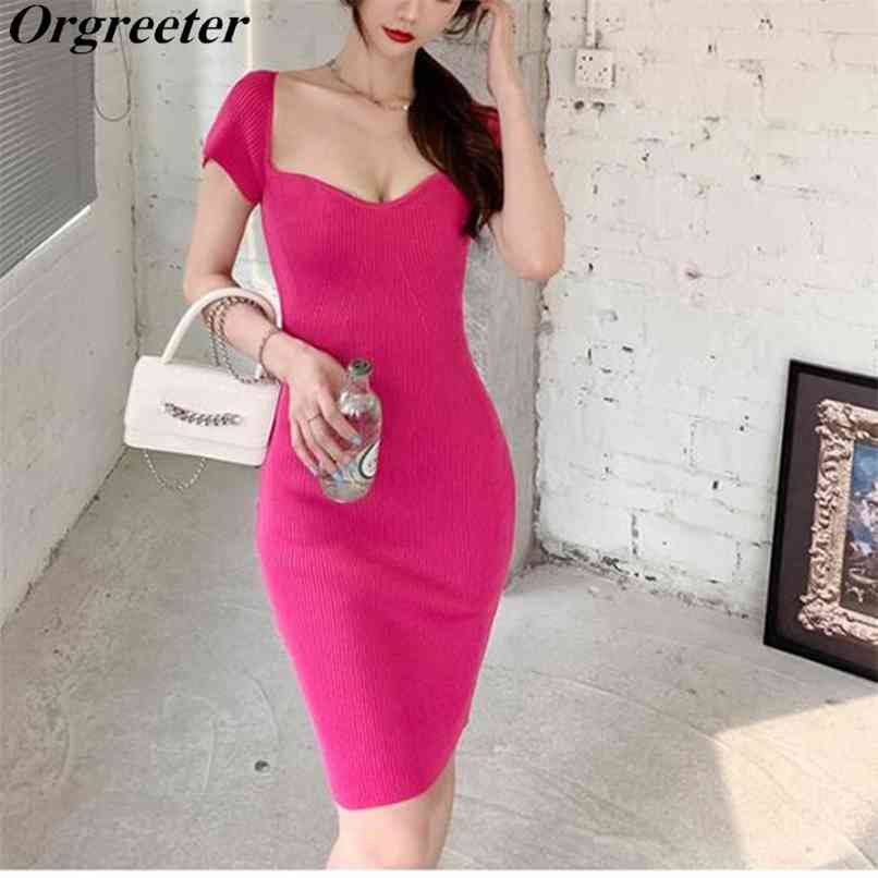 

Elegant Slim Summer Knitted Dresses Women Sexy Square collar Short sleeve High waist Sheath Pencil Sweater Dress for 210602, Fuchsia